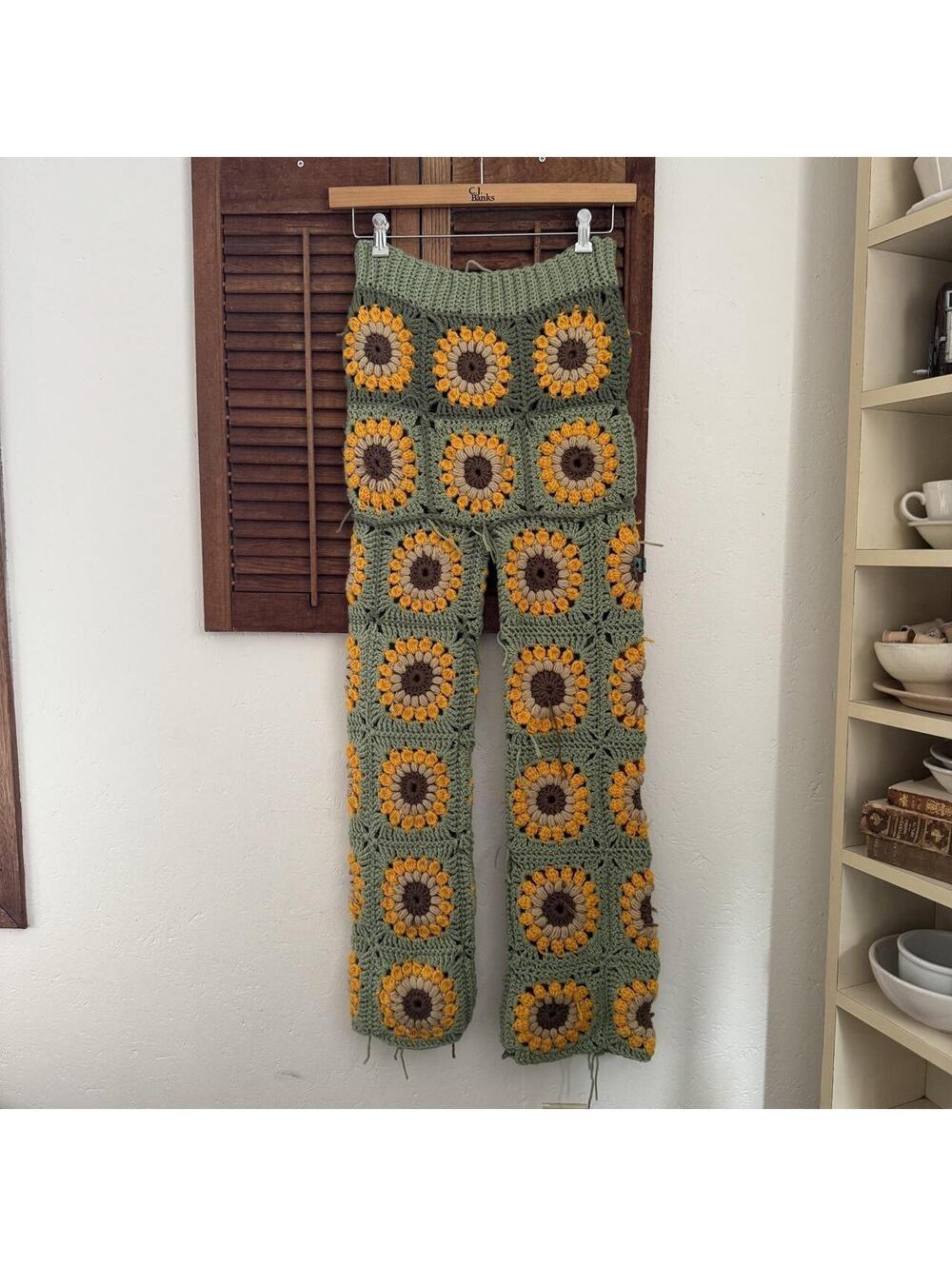 Crochet boho festival XS / Small green and sunflowers hippie pants